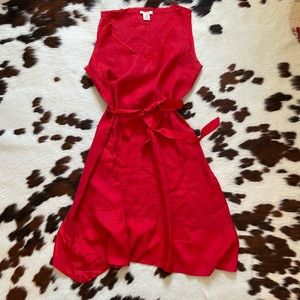 Sundance dress, red/sz M, linen with silk trim & silk ribbon belt